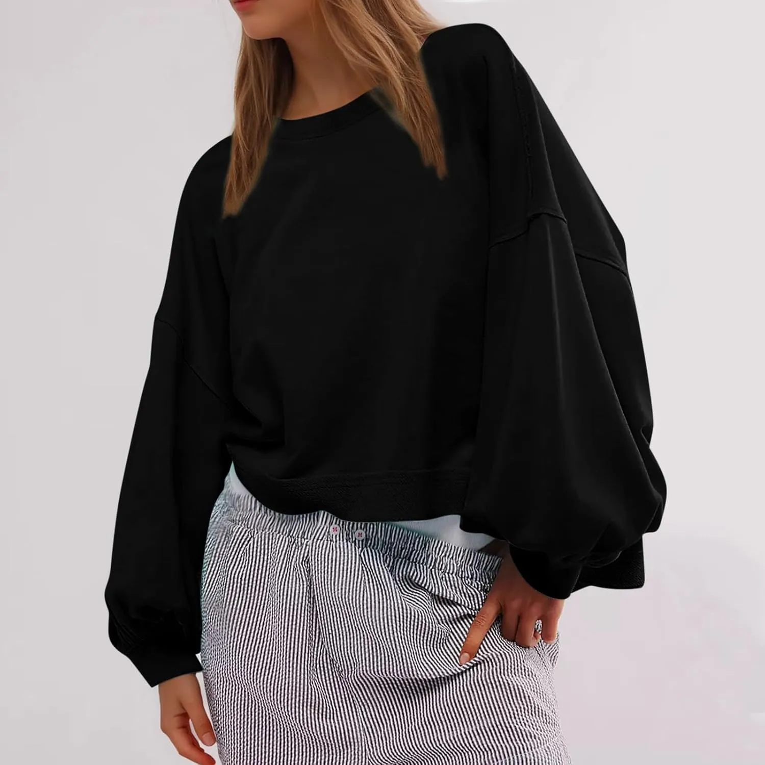 Womens Sweatshirts Cropped Puff Long Sleeve Pullover Hoodie Trendy Drop Shoulder Top Fall Daily Casual Clothes