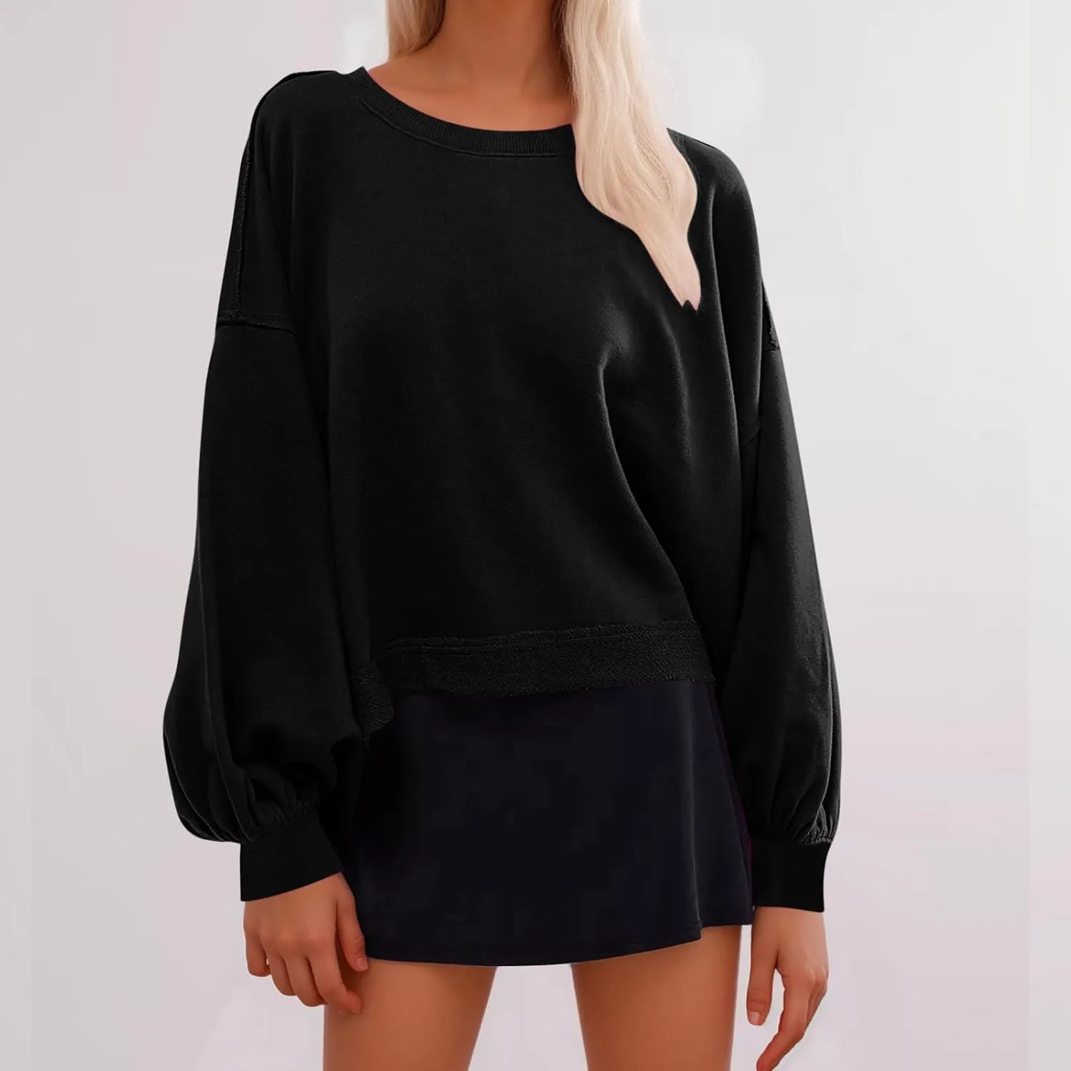 Womens Sweatshirts Cropped Puff Long Sleeve Pullover Hoodie Trendy Drop Shoulder Top Fall Daily Casual Clothes