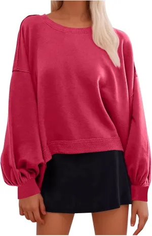 Womens Sweatshirts Cropped Puff Long Sleeve Pullover Hoodie Trendy Drop Shoulder Top Fall Daily Casual Clothes