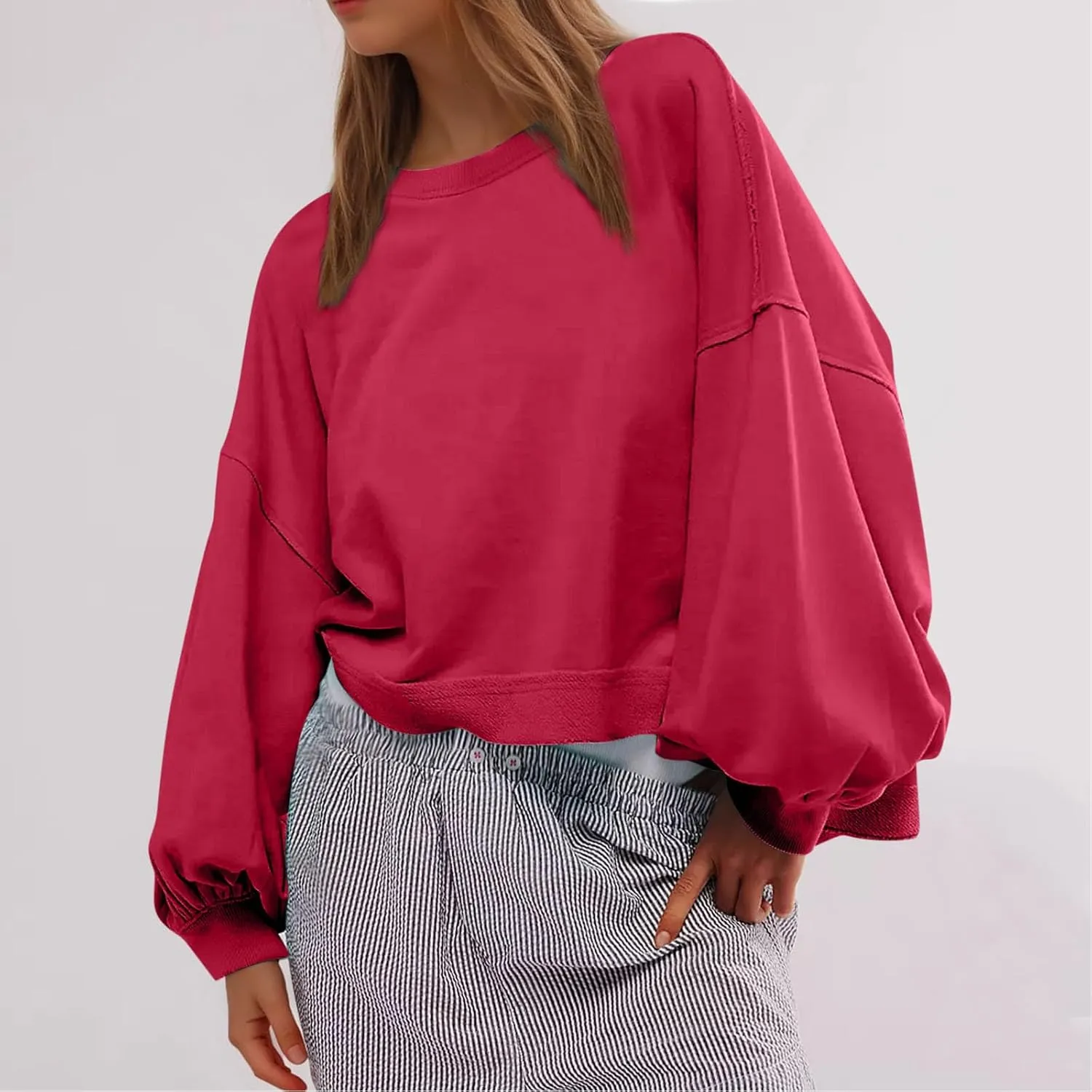 Womens Sweatshirts Cropped Puff Long Sleeve Pullover Hoodie Trendy Drop Shoulder Top Fall Daily Casual Clothes