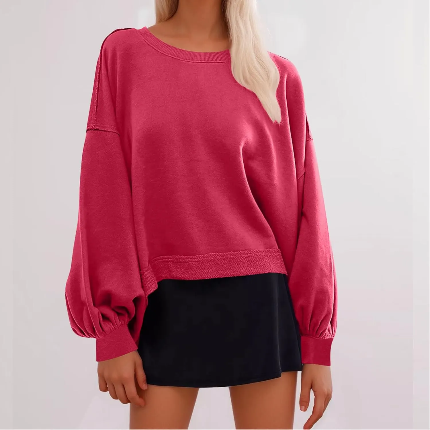 Womens Sweatshirts Cropped Puff Long Sleeve Pullover Hoodie Trendy Drop Shoulder Top Fall Daily Casual Clothes
