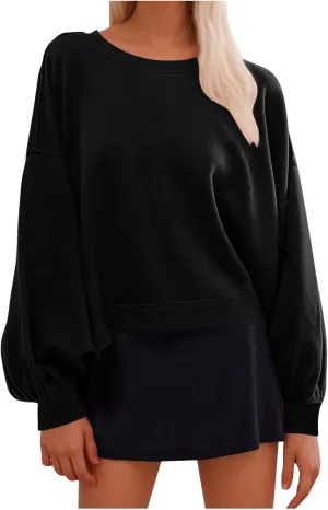 Womens Sweatshirts Cropped Puff Long Sleeve Pullover Hoodie Trendy Drop Shoulder Top Fall Daily Casual Clothes