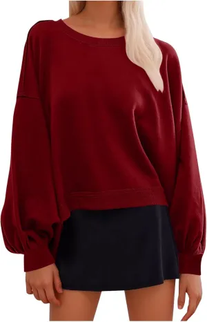 Womens Tops Long Puff Sleeve Sweatshirt Crop Solid Color Pullover Tops Dressy Casual Daily Cute Shirts for Women