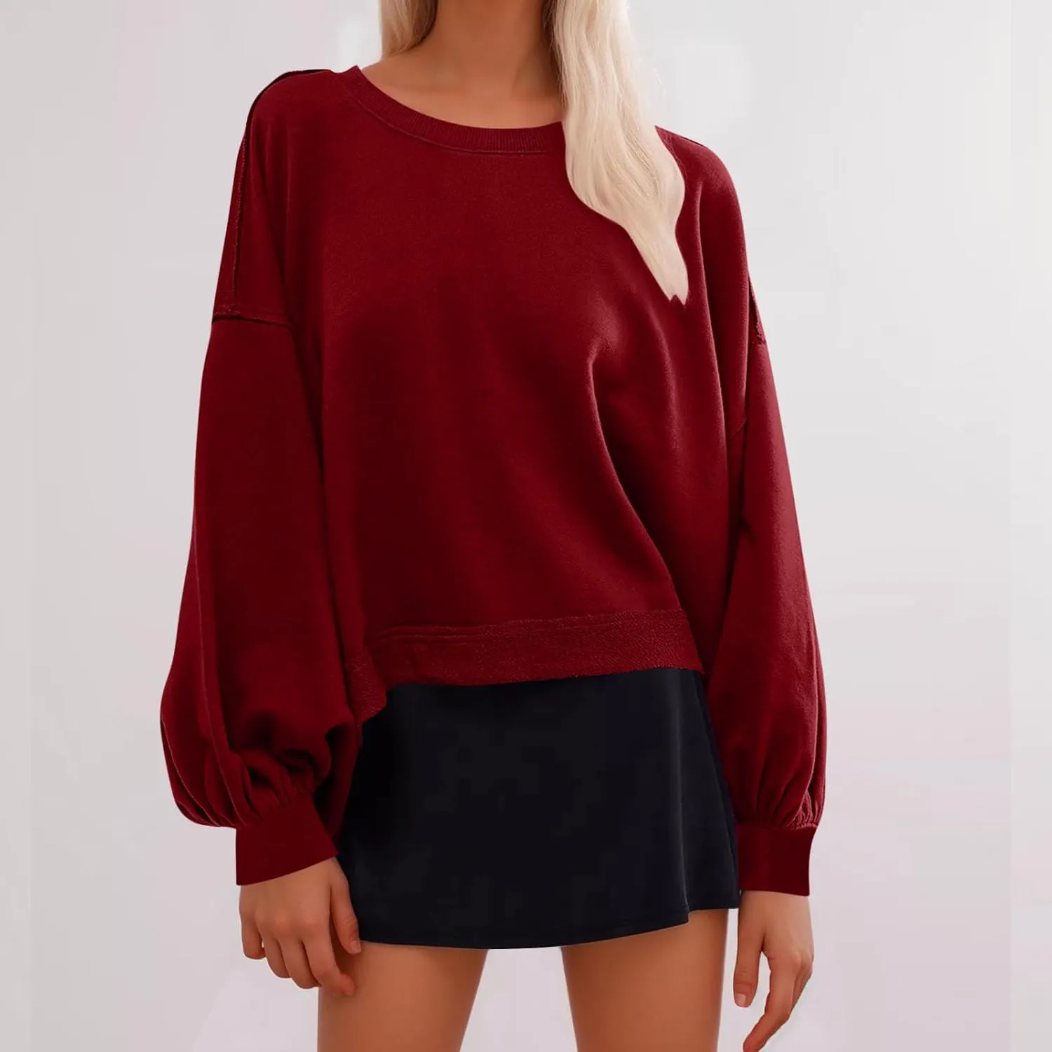 Womens Tops Long Puff Sleeve Sweatshirt Crop Solid Color Pullover Tops Dressy Casual Daily Cute Shirts for Women