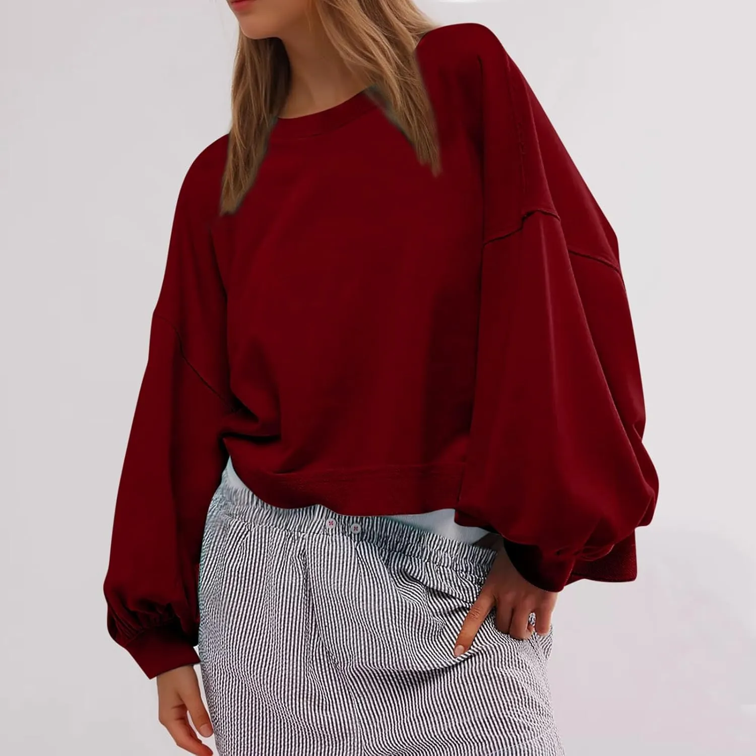 Womens Tops Long Puff Sleeve Sweatshirt Crop Solid Color Pullover Tops Dressy Casual Daily Cute Shirts for Women
