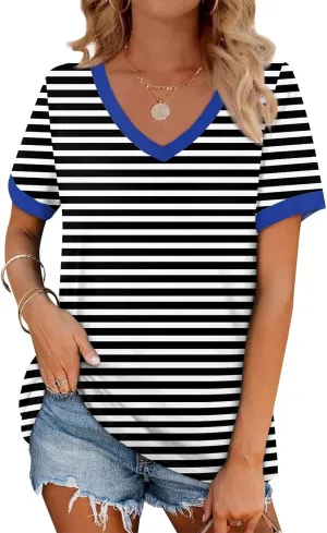 Womens Tops Short Sleeve Striped V Neck T Shirts Loose Fit Casual Basic Tees 2024 Daily Trendy Summer Tops