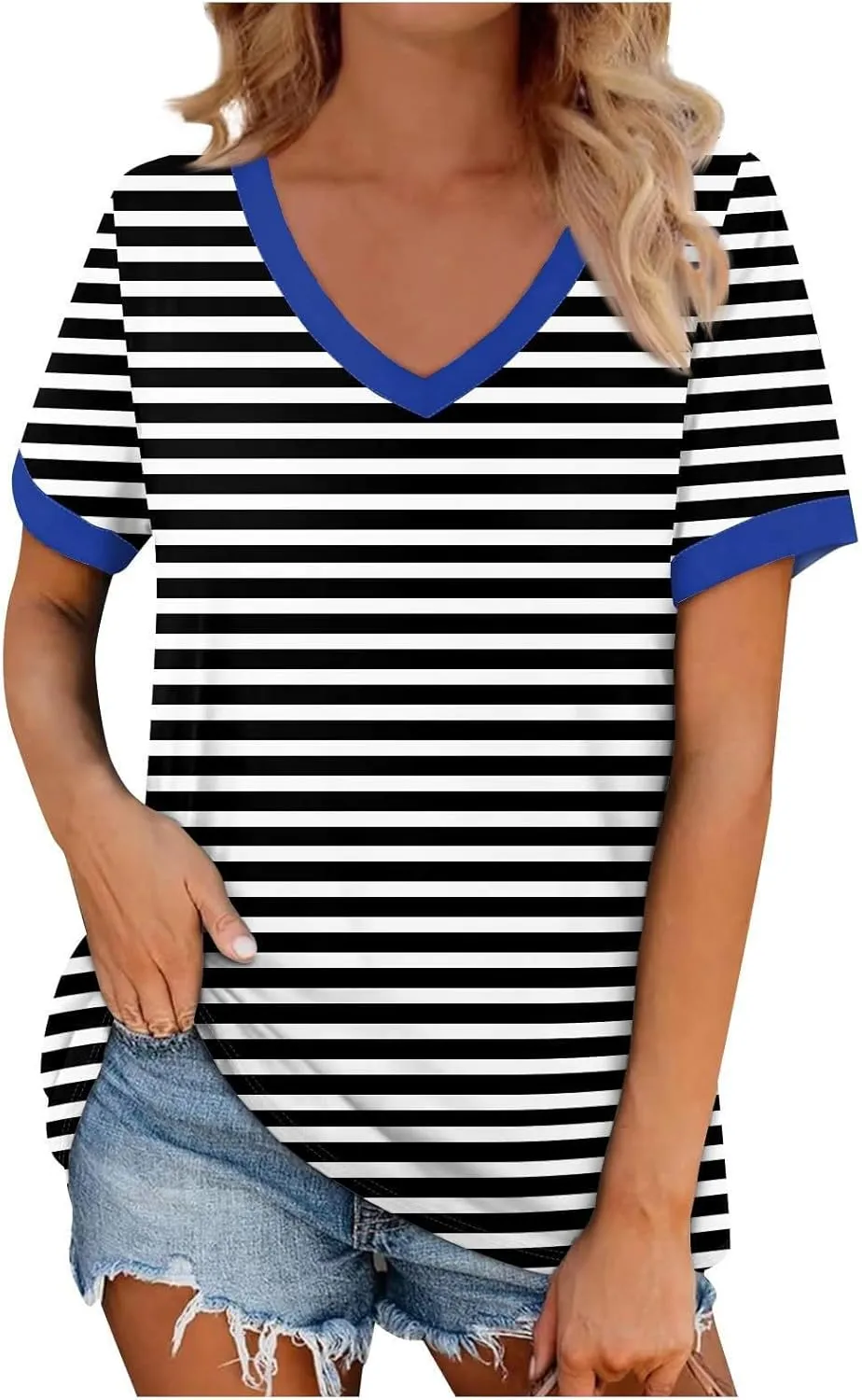 Womens Tops Short Sleeve Striped V Neck T Shirts Loose Fit Casual Basic Tees 2024 Daily Trendy Summer Tops
