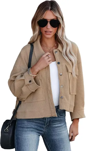 Women's Waffle Knit Cropped Jacket Short Shacket Casual Cadigan Trendy Clothes S-XL