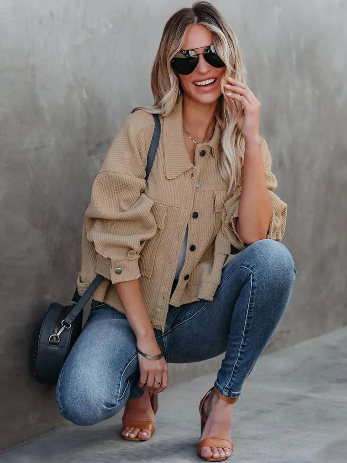 Women's Waffle Knit Cropped Jacket Short Shacket Casual Cadigan Trendy Clothes S-XL