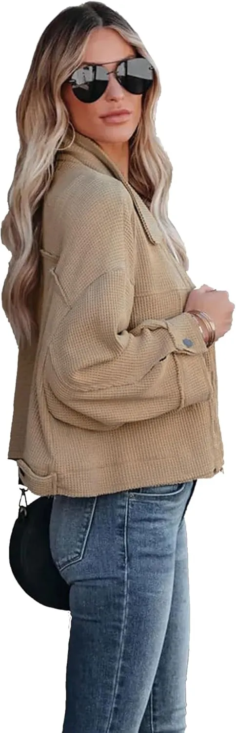 Women's Waffle Knit Cropped Jacket Short Shacket Casual Cadigan Trendy Clothes S-XL