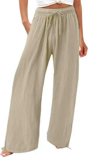 Womens Wide Leg Linen Pants Summer High Waist Cotton Palazzo Trousers Lounge Flowy Boho Slacks Beach Travel Outfits