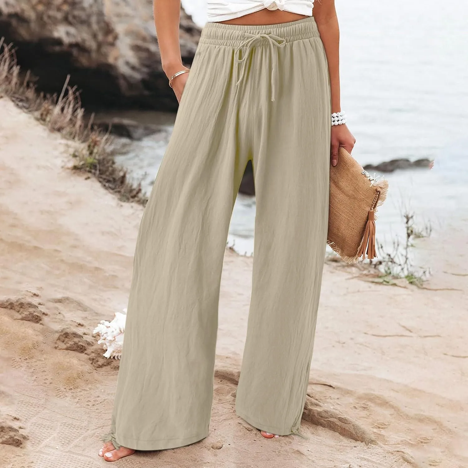 Womens Wide Leg Linen Pants Summer High Waist Cotton Palazzo Trousers Lounge Flowy Boho Slacks Beach Travel Outfits