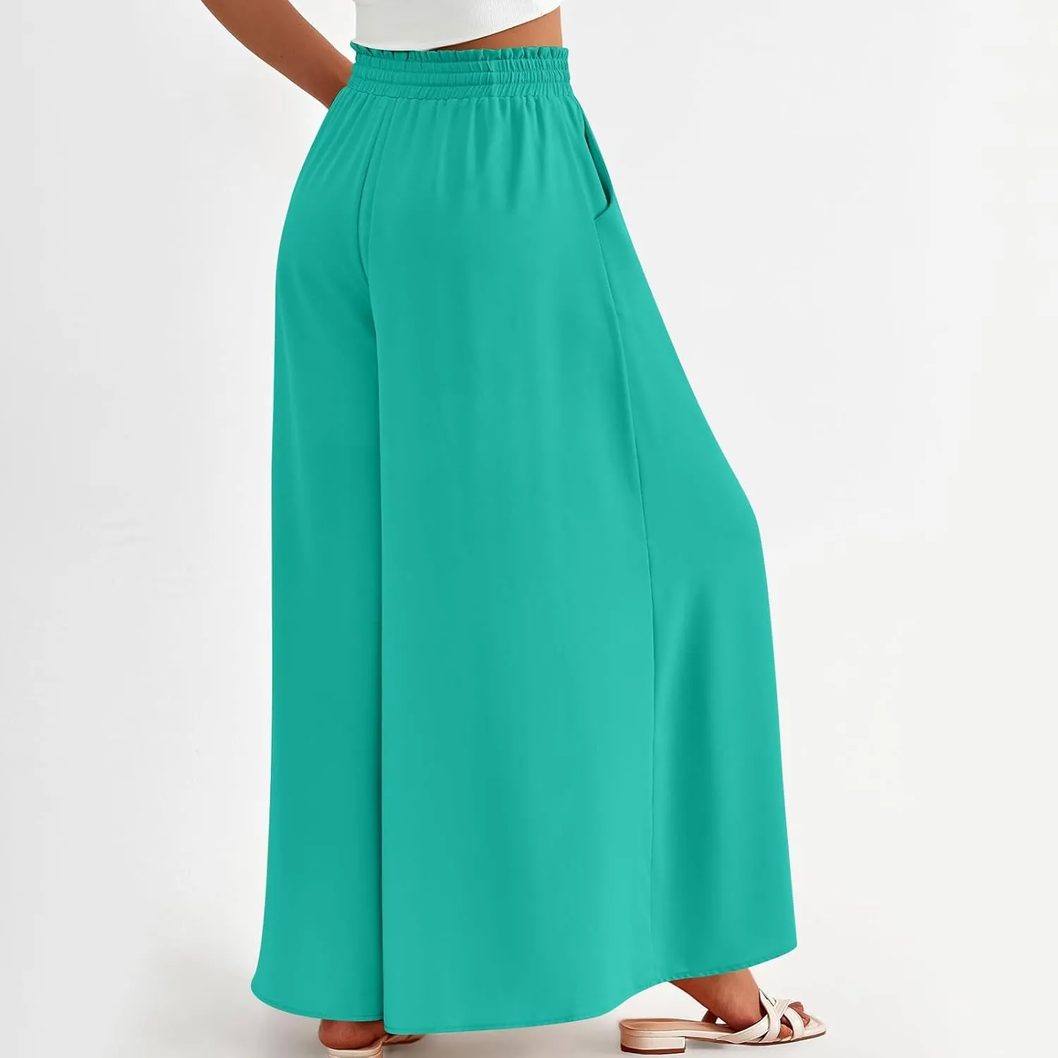 Womens Wide Leg Long Palazzo Pants High Waist Solid Flowy Lounge Pant Beach Vacation Trousers with Pocket