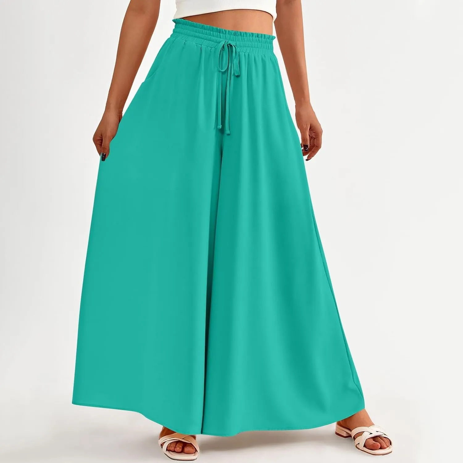 Womens Wide Leg Long Palazzo Pants High Waist Solid Flowy Lounge Pant Beach Vacation Trousers with Pocket