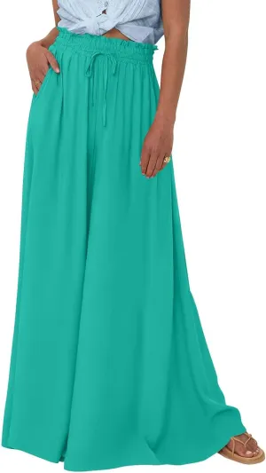 Womens Wide Leg Long Palazzo Pants High Waist Solid Flowy Lounge Pant Beach Vacation Trousers with Pocket