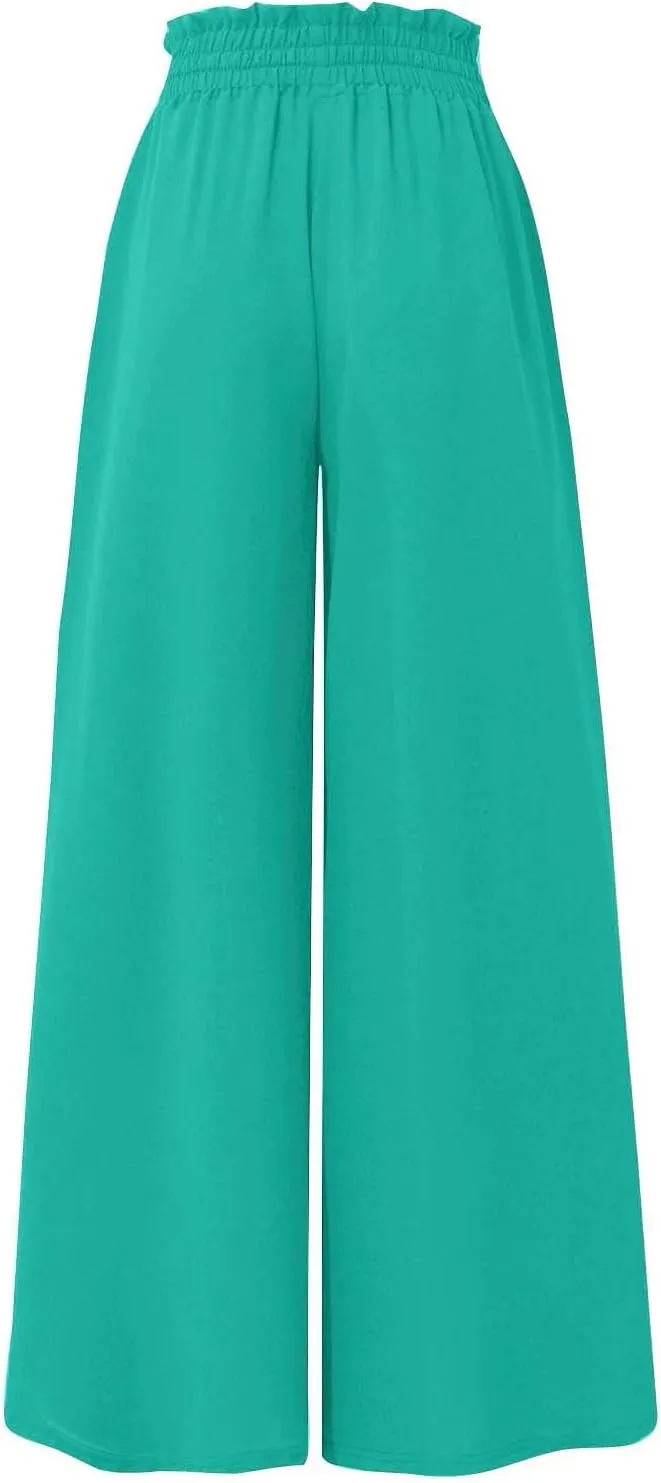 Womens Wide Leg Long Palazzo Pants High Waist Solid Flowy Lounge Pant Beach Vacation Trousers with Pocket