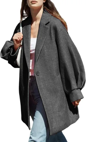 Womens Winter Coats Trendy Wool Blend Overcoat Oversized Balloon Sleeves Outerwear with Pockets