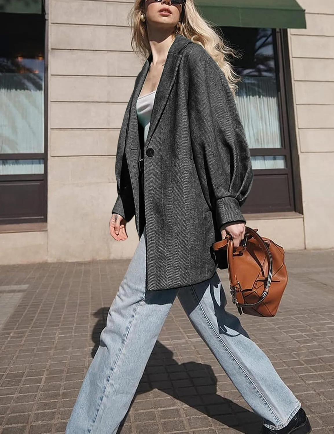 Womens Winter Coats Trendy Wool Blend Overcoat Oversized Balloon Sleeves Outerwear with Pockets