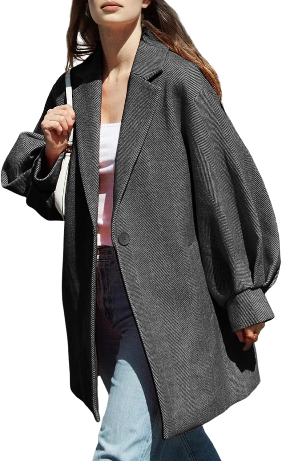 Womens Winter Coats Trendy Wool Blend Overcoat Oversized Balloon Sleeves Outerwear with Pockets