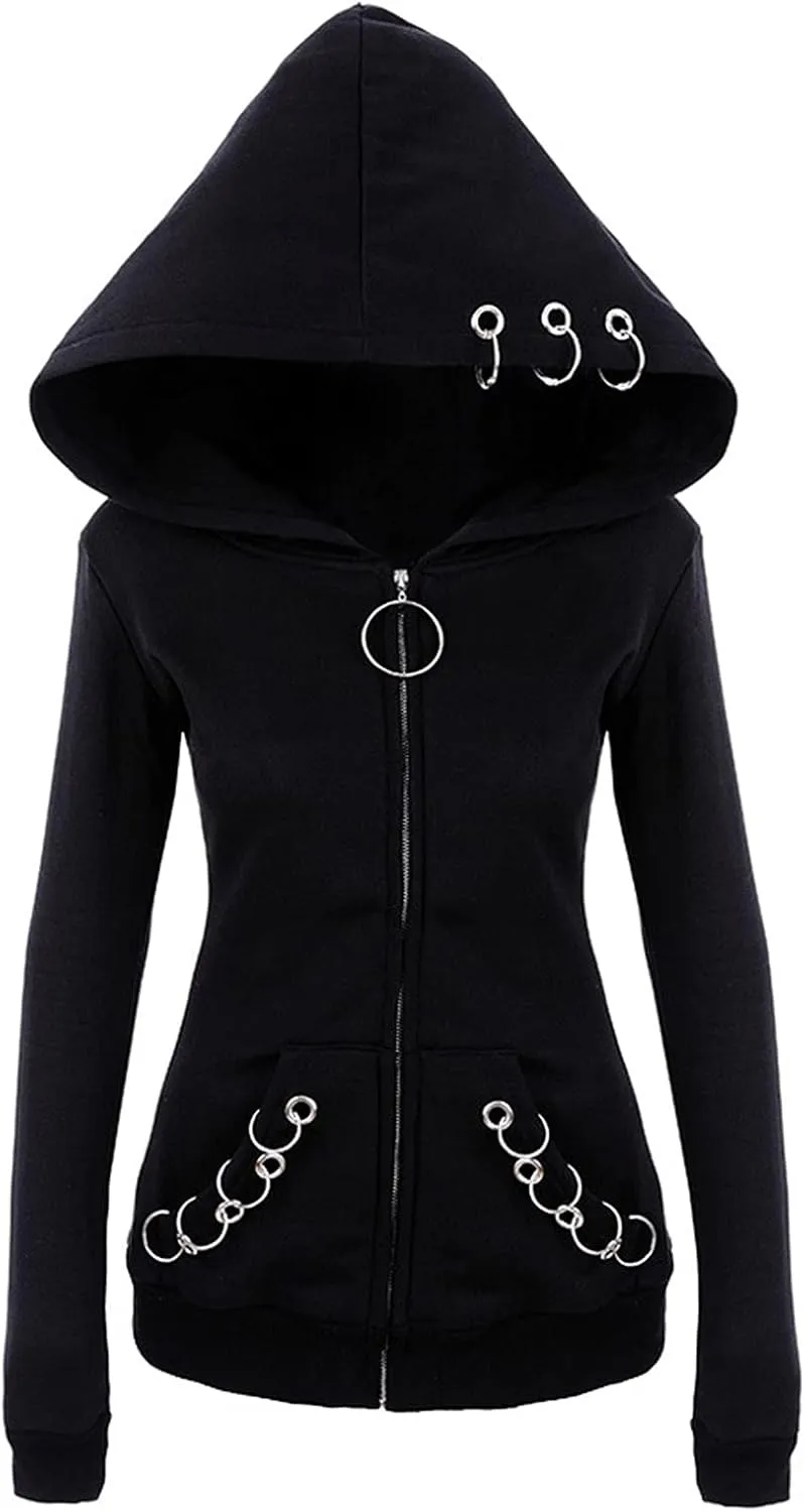 Xiaojmake Women Punk Gothic Sweatshirt Witchcraft Moon Long Hoodie Jacket Oversized Long Sleeve Zip Up Halloween Hooded Coats