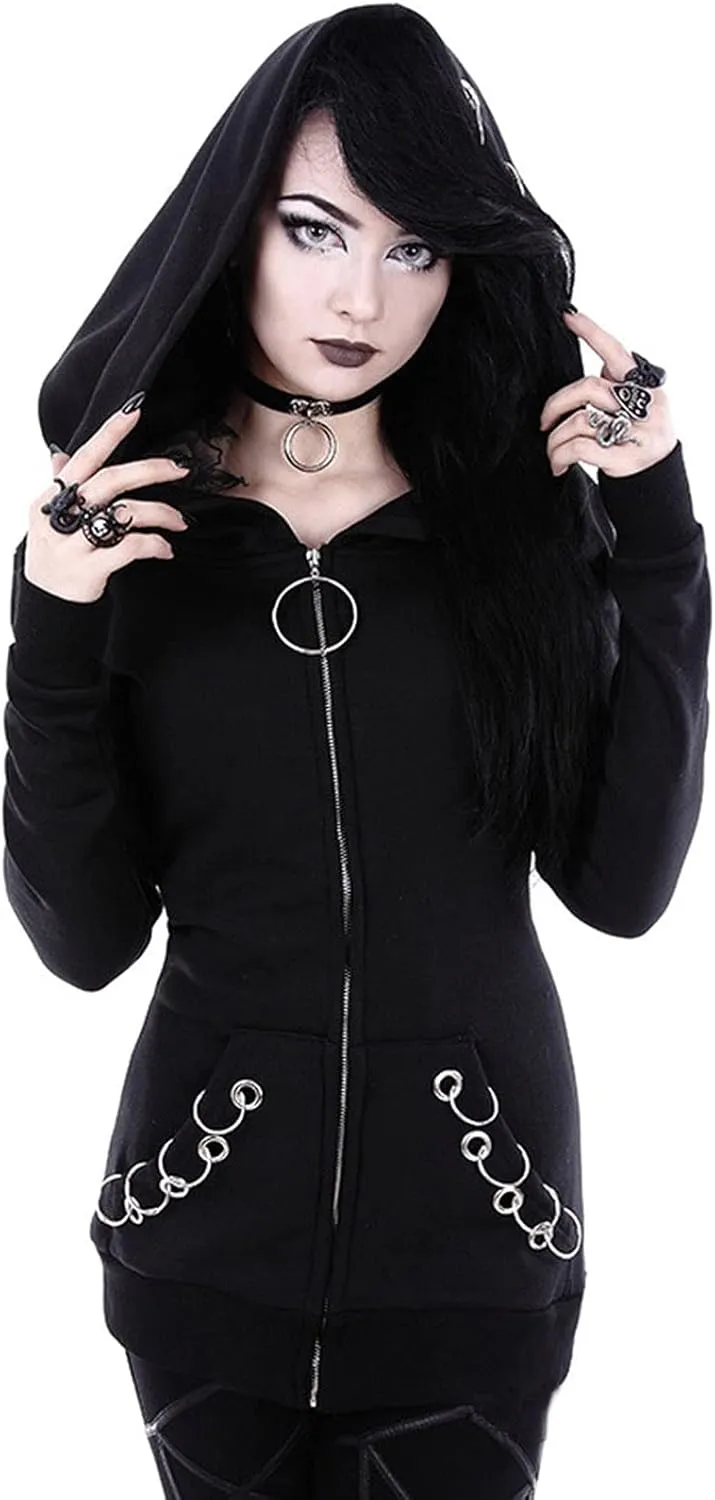 Xiaojmake Women Punk Gothic Sweatshirt Witchcraft Moon Long Hoodie Jacket Oversized Long Sleeve Zip Up Halloween Hooded Coats