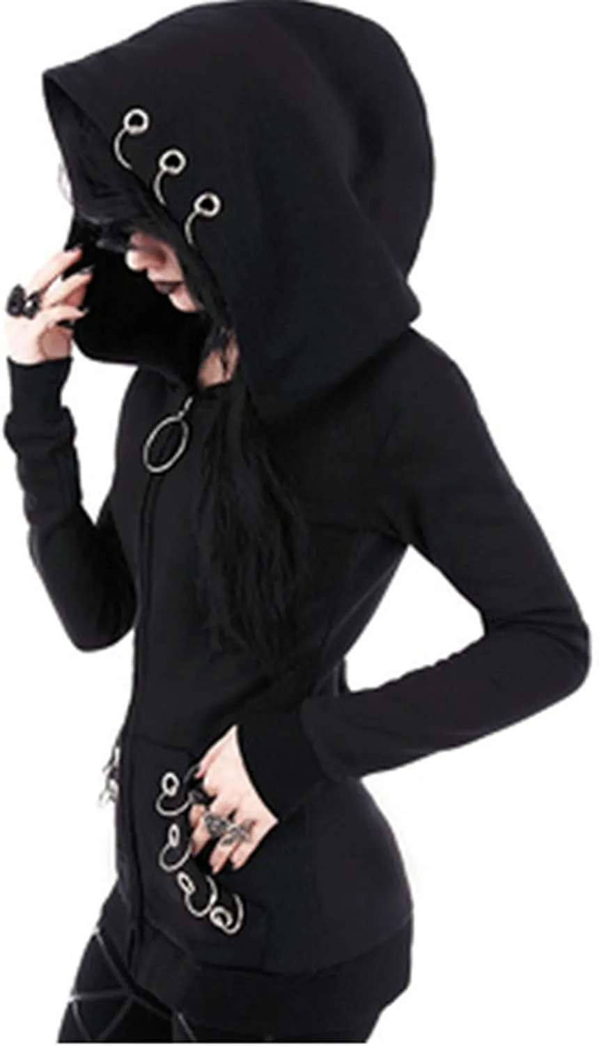 Xiaojmake Women Punk Gothic Sweatshirt Witchcraft Moon Long Hoodie Jacket Oversized Long Sleeve Zip Up Halloween Hooded Coats