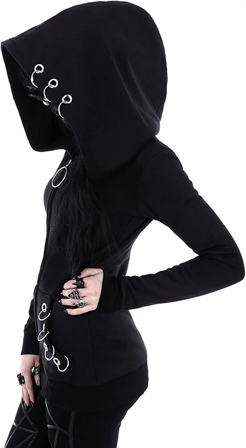 Xiaojmake Women Punk Gothic Sweatshirt Witchcraft Moon Long Hoodie Jacket Oversized Long Sleeve Zip Up Halloween Hooded Coats