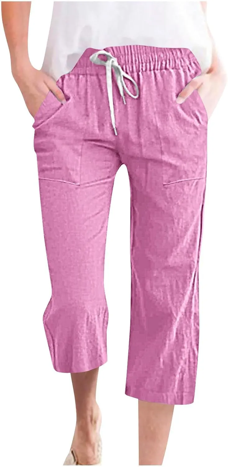 Xiaojmake Women Summer Casual Linen Pants Elastic Waist Relaxed Fit Straight Leg Crop Pants Lounge Beach Trouser with Pockets