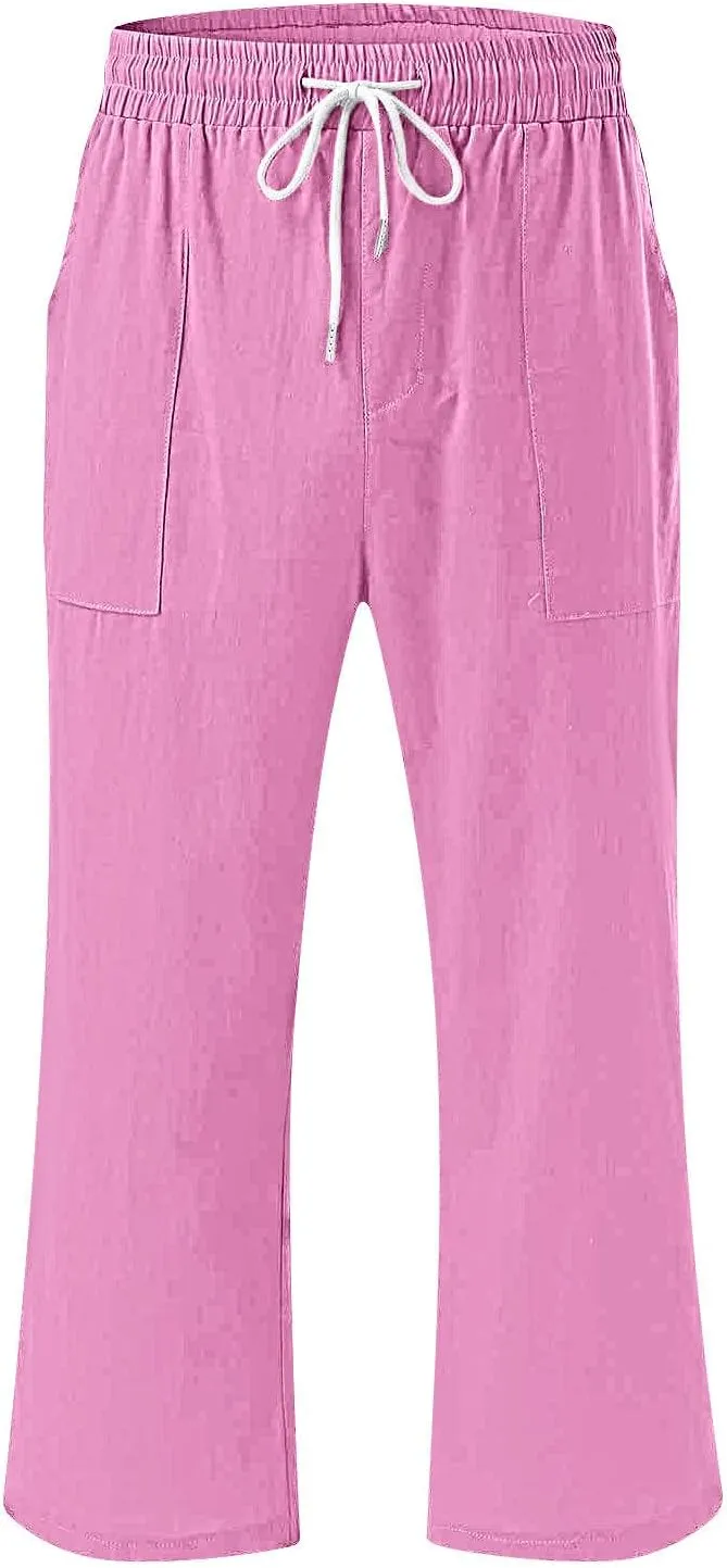 Xiaojmake Women Summer Casual Linen Pants Elastic Waist Relaxed Fit Straight Leg Crop Pants Lounge Beach Trouser with Pockets