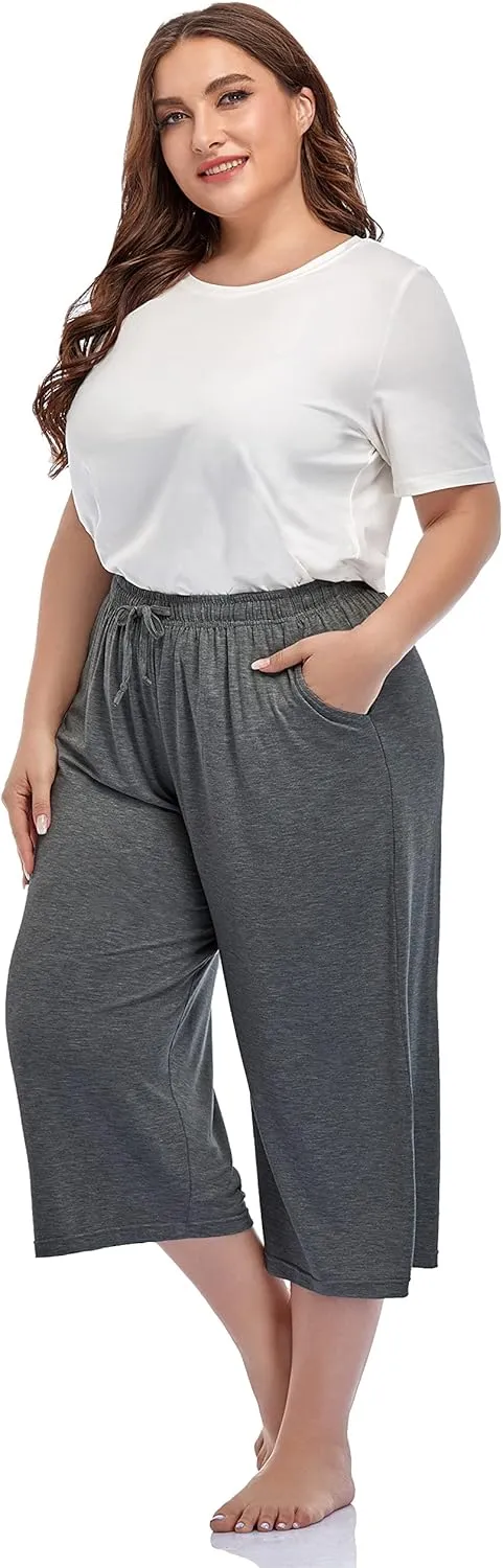 ZERDOCEAN Women's Plus Size Wide Leg Casual Lounge Pants Comfy Capris Relaxed Pajama Bottoms Drawstring Pockets