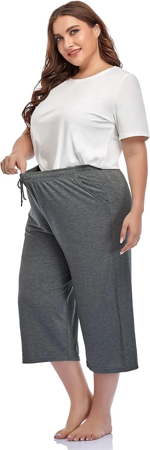 ZERDOCEAN Women's Plus Size Wide Leg Casual Lounge Pants Comfy Capris Relaxed Pajama Bottoms Drawstring Pockets