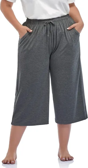 ZERDOCEAN Women's Plus Size Wide Leg Casual Lounge Pants Comfy Capris Relaxed Pajama Bottoms Drawstring Pockets