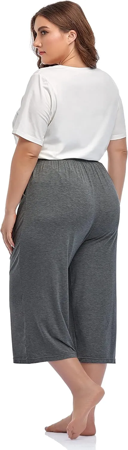 ZERDOCEAN Women's Plus Size Wide Leg Casual Lounge Pants Comfy Capris Relaxed Pajama Bottoms Drawstring Pockets