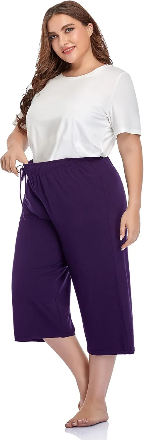 ZERDOCEAN Women's Plus Size Wide Leg Casual Lounge Pants Comfy Capris Relaxed Pajama Bottoms Drawstring Pockets