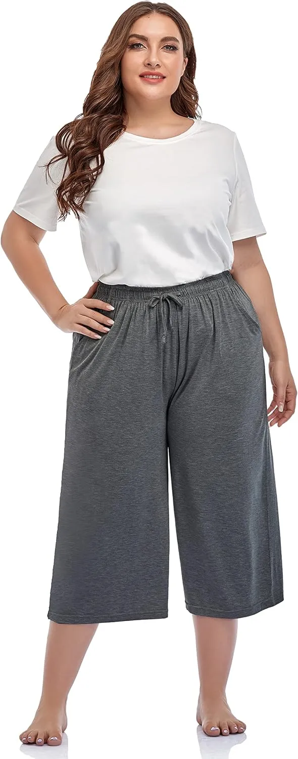 ZERDOCEAN Women's Plus Size Wide Leg Casual Lounge Pants Comfy Capris Relaxed Pajama Bottoms Drawstring Pockets