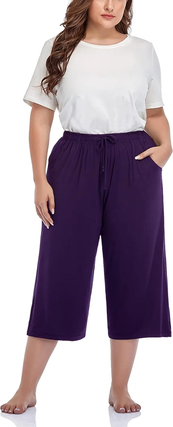 ZERDOCEAN Women's Plus Size Wide Leg Casual Lounge Pants Comfy Capris Relaxed Pajama Bottoms Drawstring Pockets