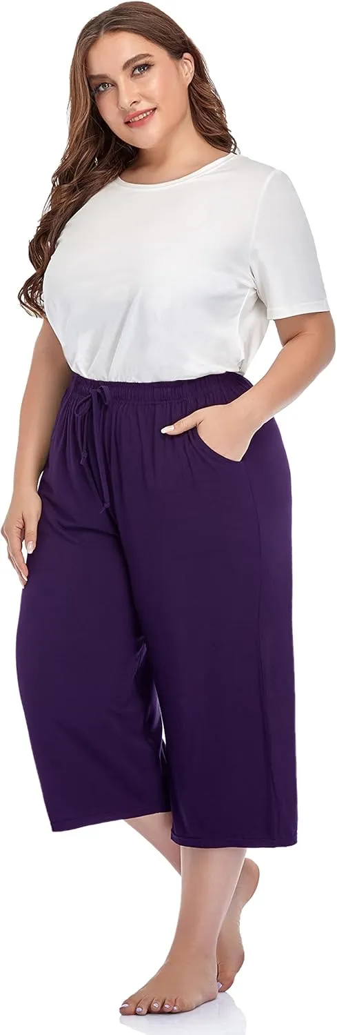 ZERDOCEAN Women's Plus Size Wide Leg Casual Lounge Pants Comfy Capris Relaxed Pajama Bottoms Drawstring Pockets
