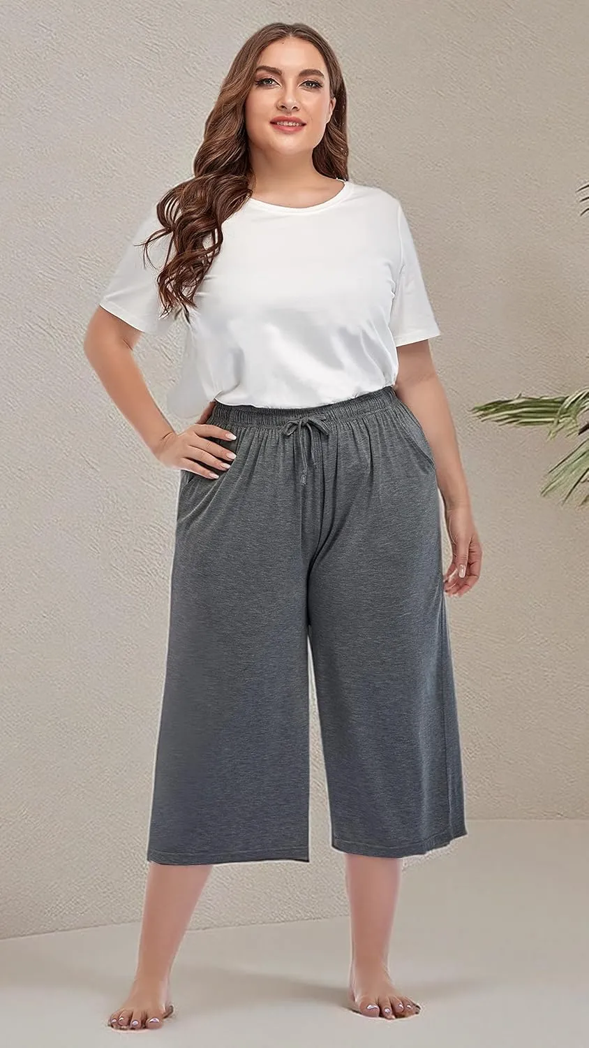 ZERDOCEAN Women's Plus Size Wide Leg Casual Lounge Pants Comfy Capris Relaxed Pajama Bottoms Drawstring Pockets