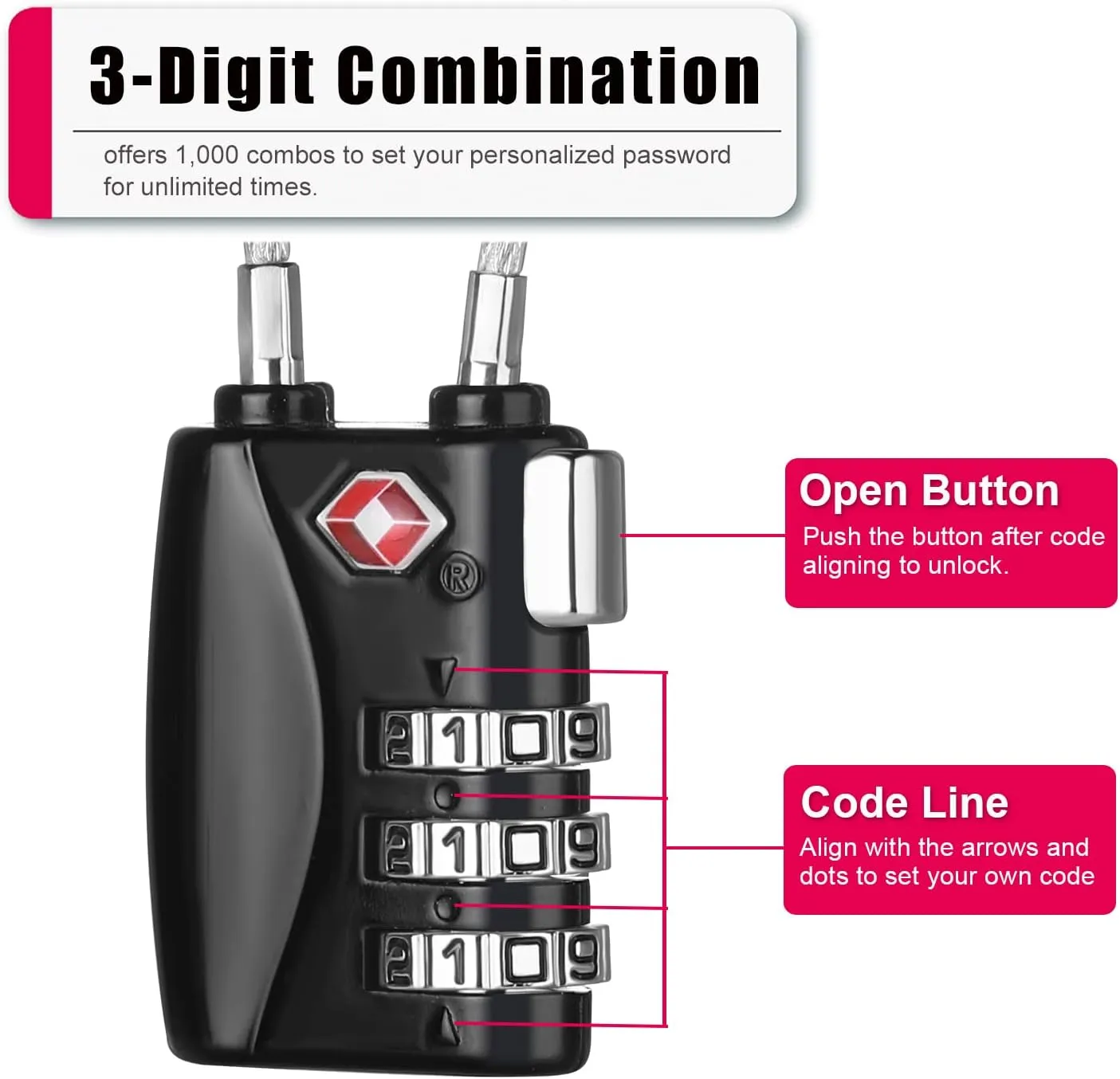 ZHEGE TSA Approved Luggage Locks, 2 Pack, Cable Travel Lock for Gym, School, Suitcases, Baggage - Small & Lightweight